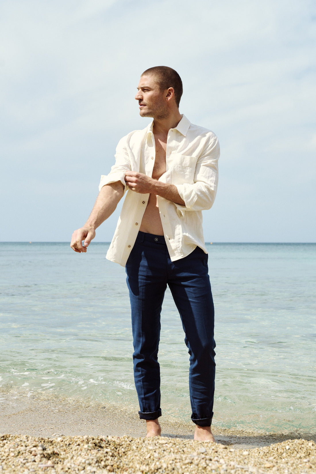 Chino coton-lin bleu marine
