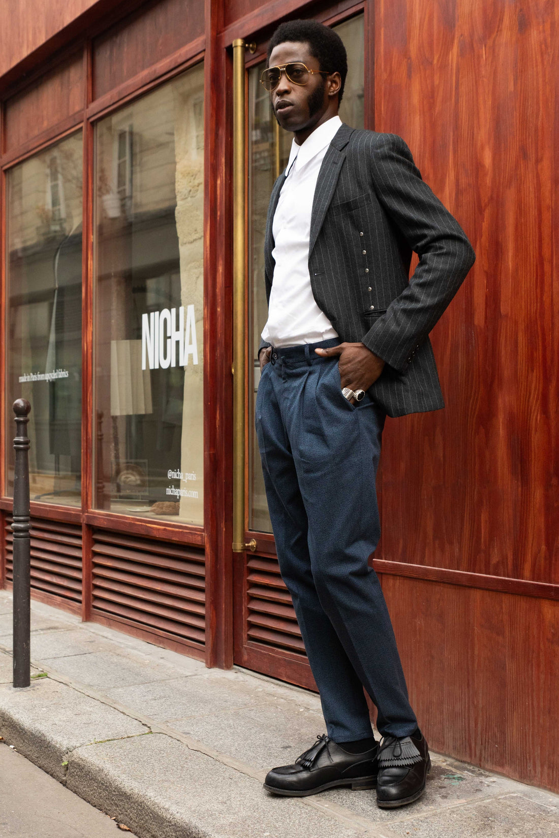 Pantalon double pinces flanelle bleu